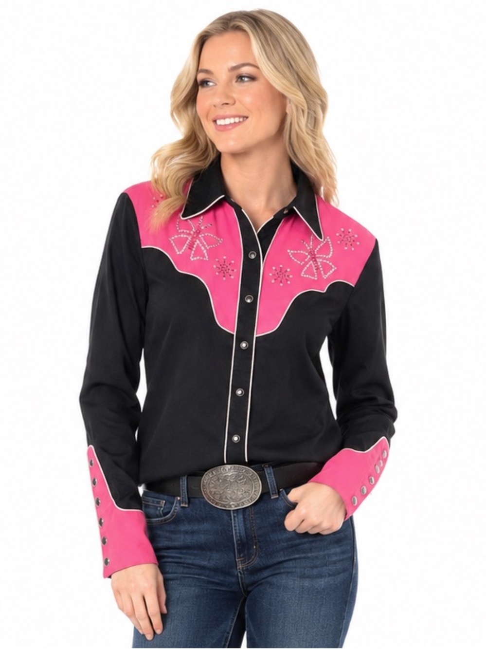 Classic Western Rhinestone Pinwheel Western Snap Shirt Black Pink Women’s M